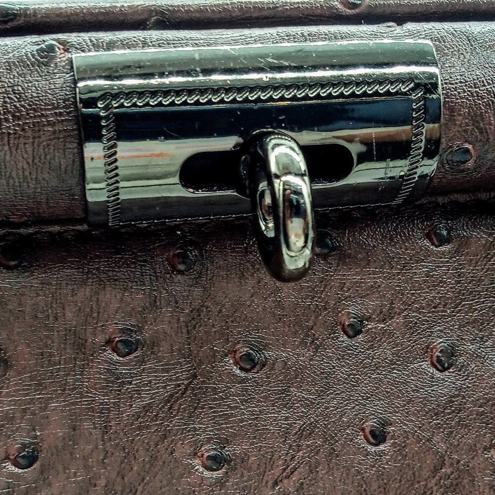 Coffee Brown Faux Ostrich Skin Gunmetal Satchel Bag - Picture 5 of 8